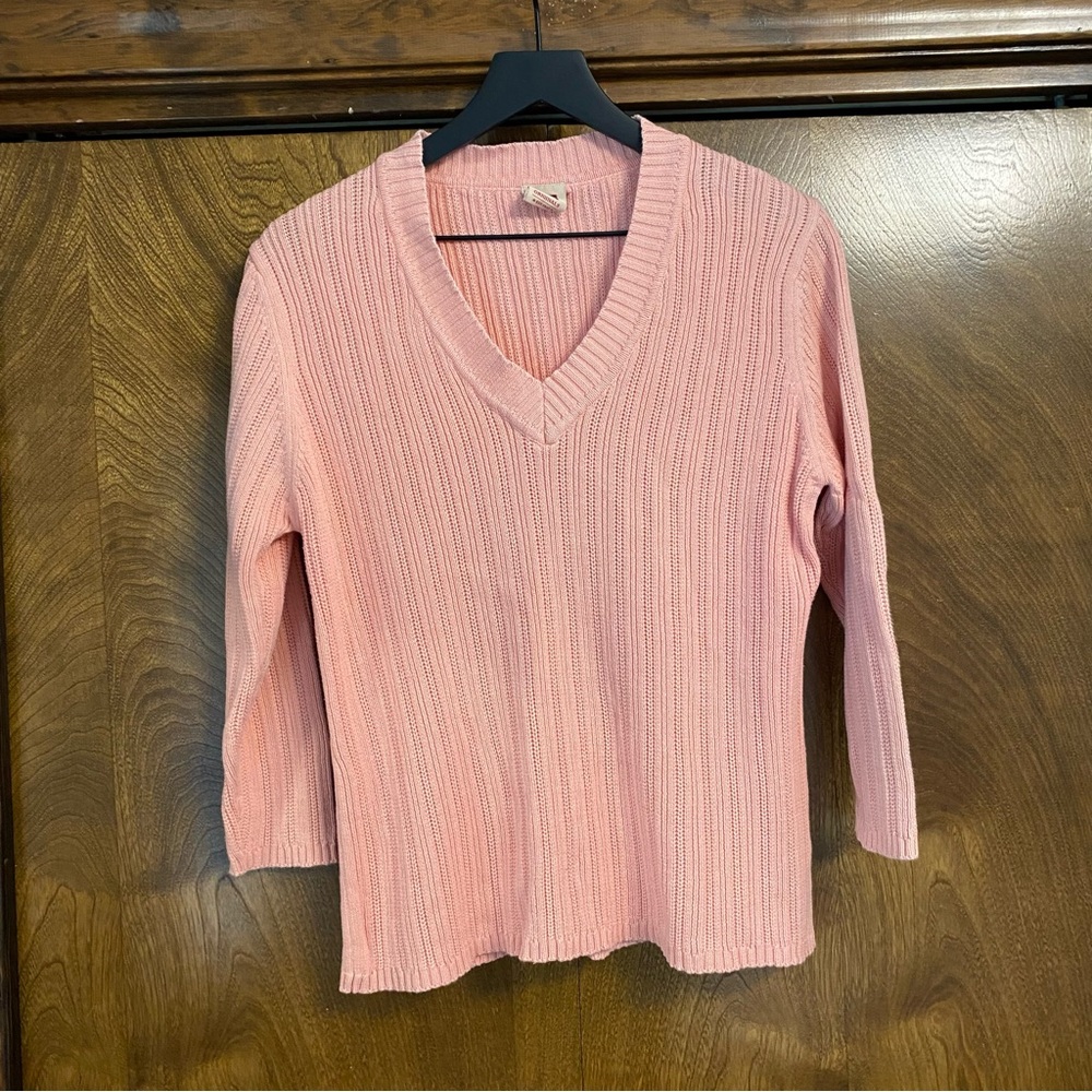Y2K Faded Glory Pink Crochet Look V-Neck Sweater Small? Stretchy Spring Winter